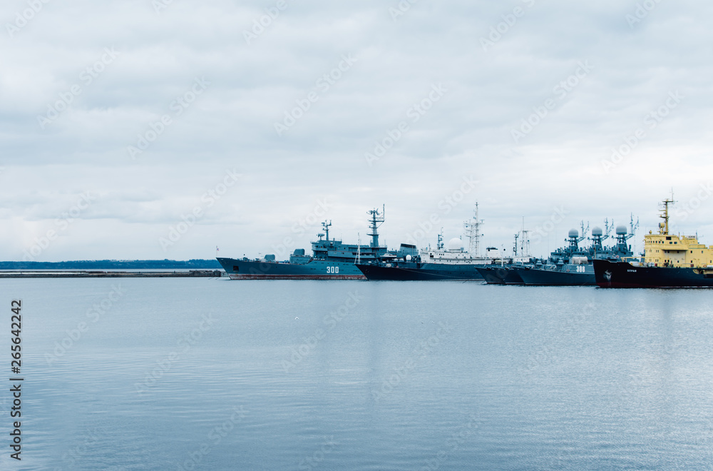 Warships stand in the bay. Russia, Kronstadt.
