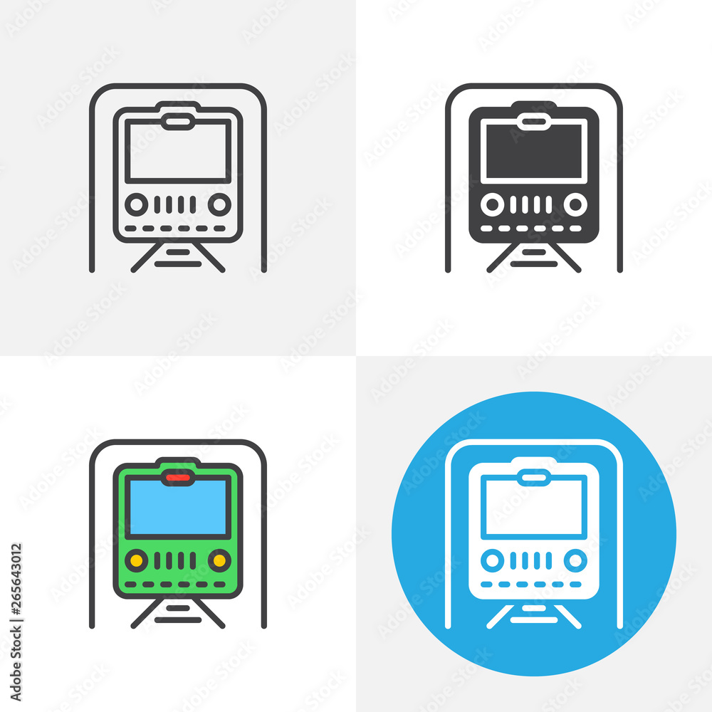 Subway train icon. Line, glyph, flat and filled outline colorful version, Underground train railway outline and flat vector sign. Symbol, logo illustration. Different style icons set Subway train icon. Line, glyph, flat and filled outline colorful version, Underground train railway outline and flat vector sign. Symbol, logo illustration. Different style icons set