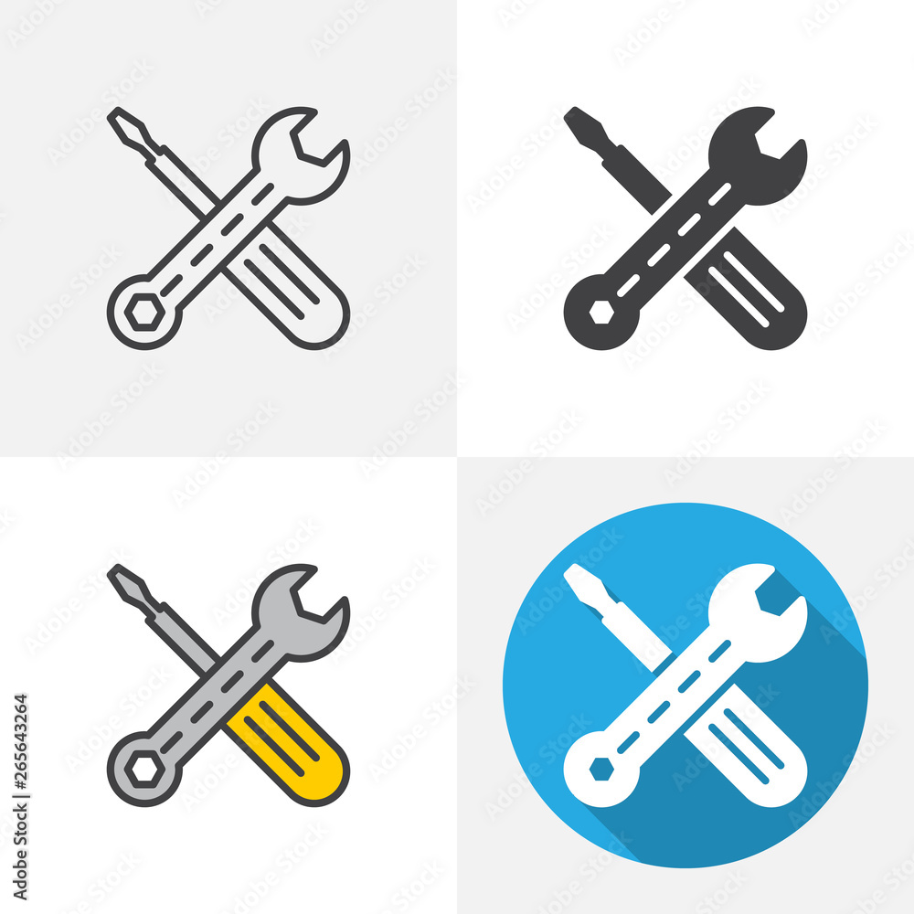 Wrench and screwdriver icon. Line, glyph, flat and filled outline colorful version, Maintenance outline and flat vector sign. Symbol, logo illustration. Different style icons set Wrench and screwdriver icon. Line, glyph, flat and filled outline colorful version, Maintenance outline and flat vector sign. Symbol, logo illustration. Different style icons set