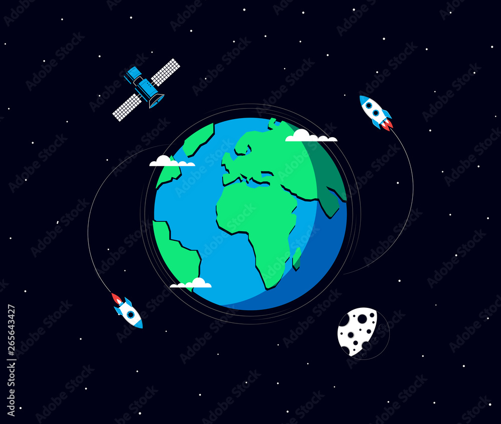 Naklejka premium Earth, moon, rockets and satellite in space. Template for Banner, Poster or Flyer. Vector illustration
