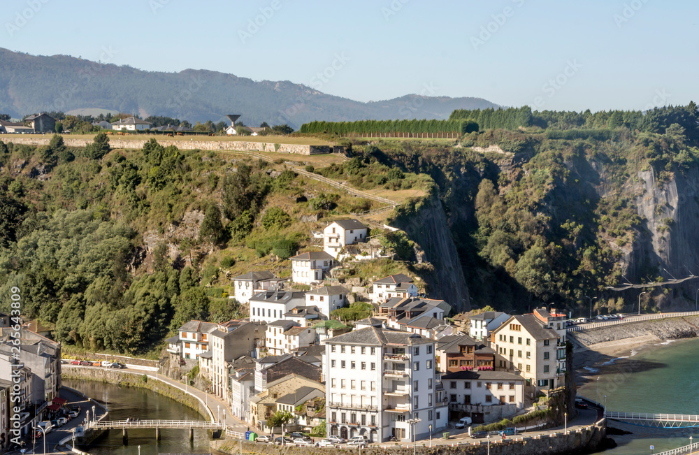 Luarca, Spain-Sptember 2018. Aerial view of one of the most pretty village of Spain. You can see the houses and people walking in the street.