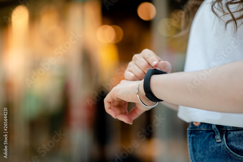 Female hand with smart bracelet.Smart watch on the wrist.