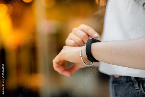 Female hand with smart bracelet.Smart watch on the wrist.