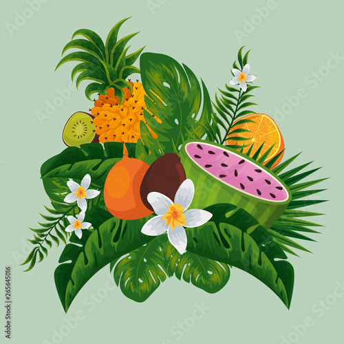 exotic fruits in the tropical leaves and flowers