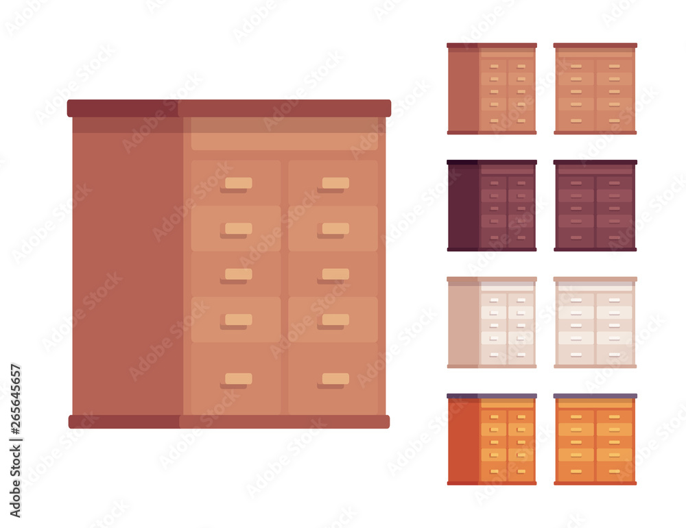 Drawer wooden set. Home piece of furniture, box shaped storage compartment for kitchen, handy functional kit. Vector flat style cartoon illustration isolated, white background, different views, colors Drawer wooden set. Home piece of furniture, box shaped storage compartment for kitchen, handy functional kit. Vector flat style cartoon illustration isolated, white background, different views, colors
