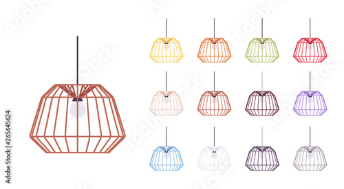Modern lamp hanging ceiling set. Stainless steel light for contemporary pendant, home elegant illumination. Vector flat style cartoon illustration isolated on white background, different colors