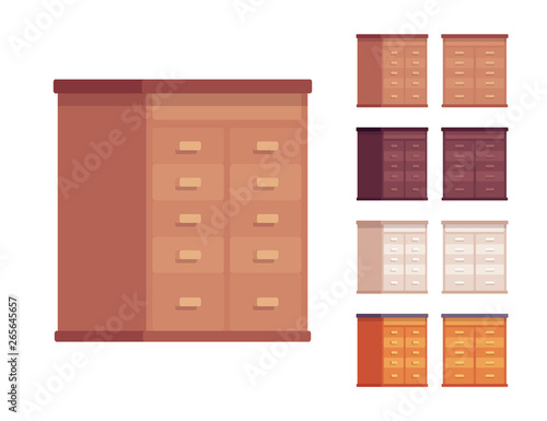Drawer wooden set. Home piece of furniture, box shaped storage compartment for kitchen, handy functional kit. Vector flat style cartoon illustration isolated, white background, different views, colors