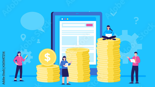 Concept vector illustration of people carrying coins into tablet spending money online. graph of columns from coins. way to achieve goals. Online banking and investment.