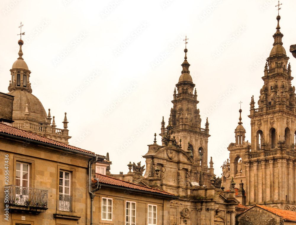 Cathedral of Santiago de Compostela in the end of Way of Santiago in a raining day.