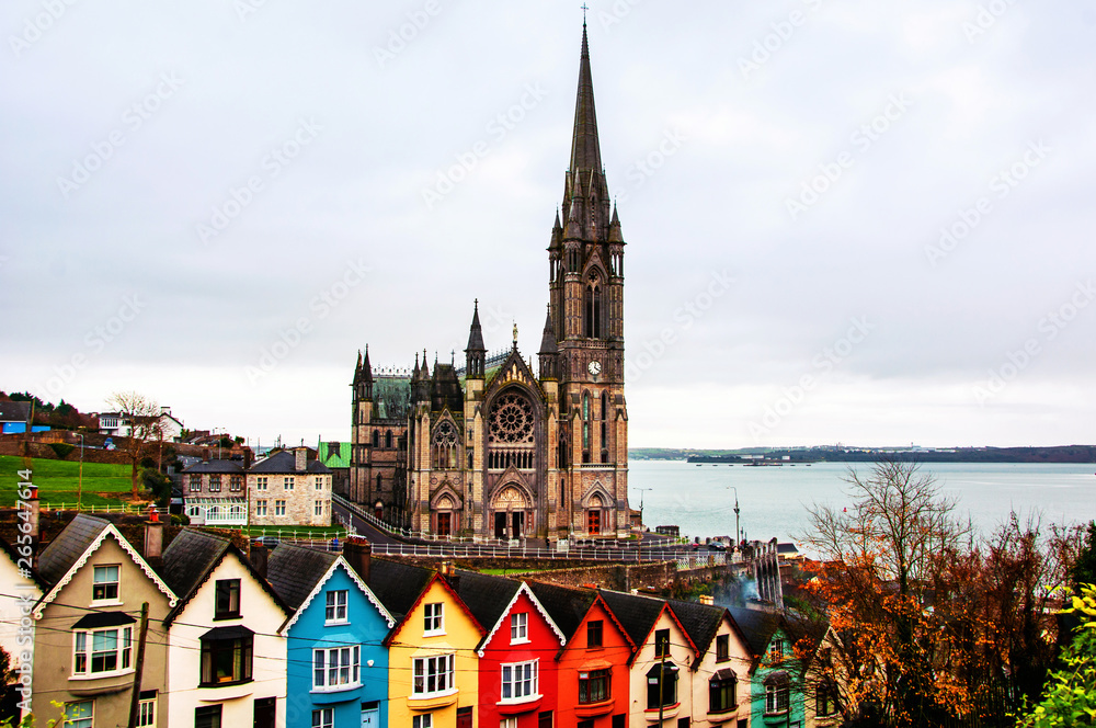 Fototapeta premium Aerial view at houses and Cathedral in Cobh, Ireland. Famous city