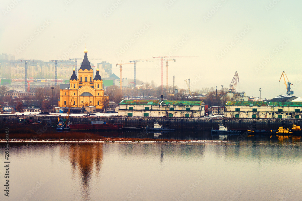 Cathedral of St. Alexander Nevskiy in Nizhny Novgorod, Russia covered with fog