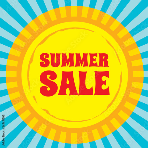 Summer sale - concept banner. Sun with rays. Vector illustration. Advertising promotion poster. Graphic design. 