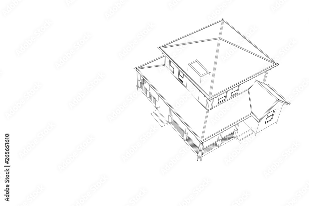 Progetto di architettura per la progettazione architettonica. Vista esterna in wireframe 3D. Design di Edificio. Villa, casa di prorpietà.