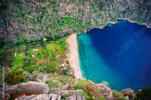 Aerial view of Butterfly valley deep gorge, Fethiye, Mugla, Turkey. Summer, sea and holiday concept. (Kelebekler Vadisi)