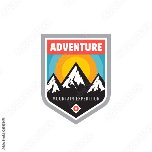 Adventure outdoors - concept badge. Mountain expedition climbing logo in flat style. Extreme exploration sticker symbol. Camping & hiking creative vector illustration. Graphic design element. 