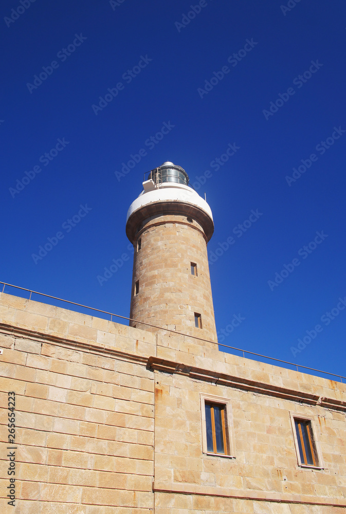 Lighthouse closeup against the blue sky.