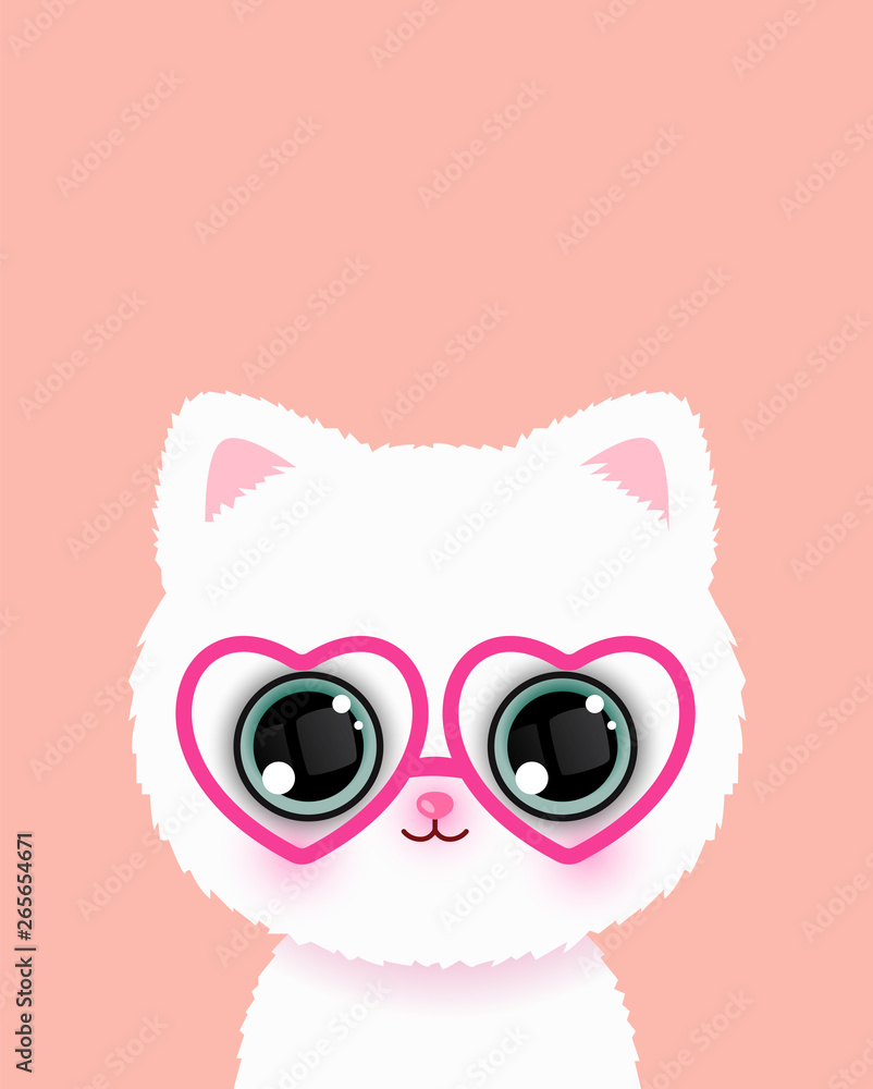 Cute little cat in glasses poster. Vector.