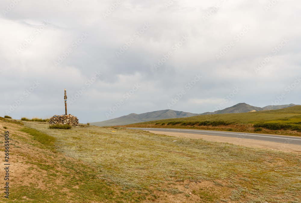 Mongolian Ovoo, Sacred pass on the road, Orkhon Mongolia.