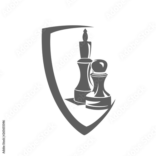 chess pawn and king pieces inside heraldic shield - sport game monochrome vector emblem design