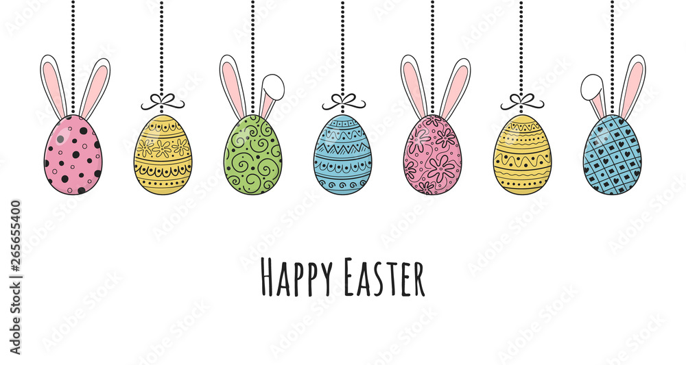Design of Easter banner with hand drawn eggs and bunnies. Vector