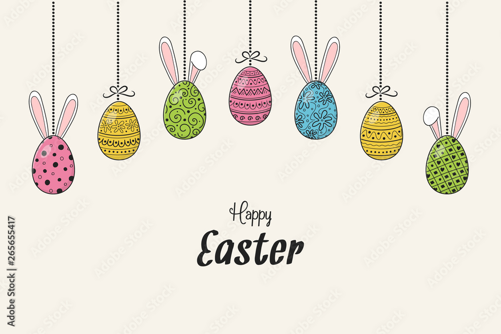 Concept of Easter decoration with hanging eggs and bunnies. Vector