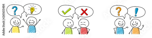 Collection of funny cartoon stickmen with speech bubbles with icons. Vector