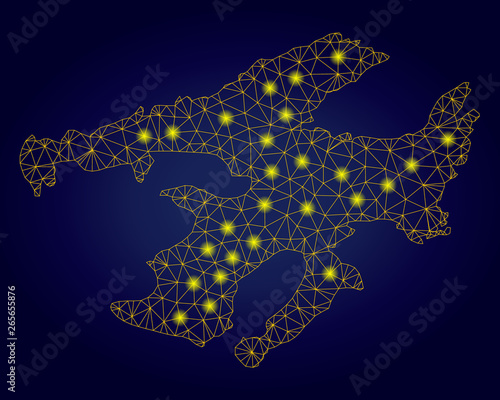 Yellow mesh vector Great Bear Lake map with glare effect on a dark blue gradiented background. Abstract lines, light spots and spheric points form Great Bear Lake map constellation.