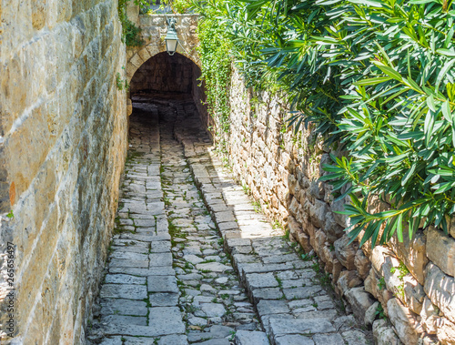 Fototapeta Naklejka Na Ścianę i Meble -  This is a capture of the old roads in Der El Kamar a village Located in Lebanon and you can see in the picture the old walk made of stones with an historic architecture for walls and houses 