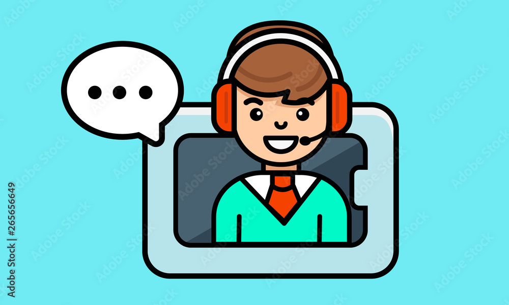 Operator man with headset on mobile. Online shopping call center concept. Modern banner vector Operator man with headset on mobile. Online shopping call center concept. Modern banner vector