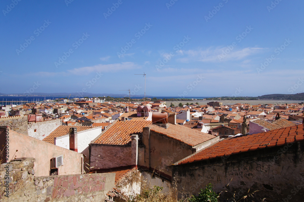 Cityscape view from above on the old medieval European Italian city with red roofs in the summer in the sun.