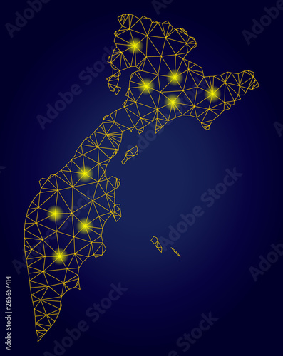 Yellow mesh vector Kamchatka map with glitter effect on a dark blue gradiented background. Abstract lines, light spots and small circles form Kamchatka map constellation.