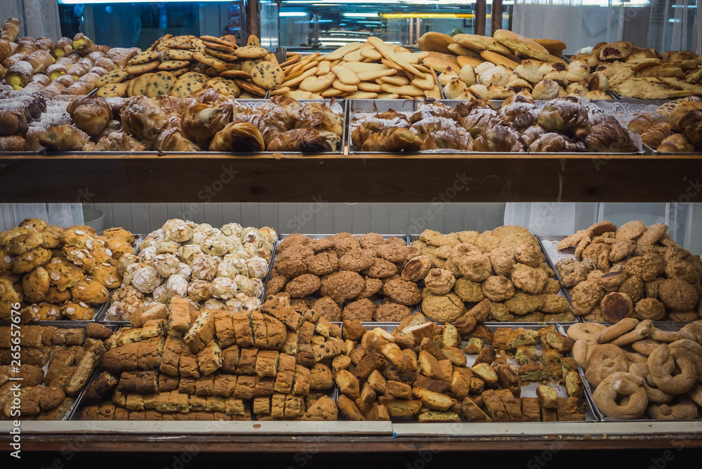 Typical Roman pastries in a bakery in Rome