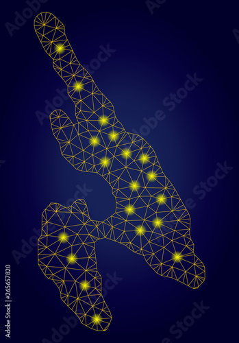 Yellow mesh vector Koh Phi Don map with glare effect on a dark blue gradiented background. Abstract lines, light spots and dots form Koh Phi Don map constellation.