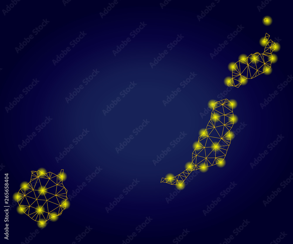 Yellow mesh vector Las Palmas Province map with glow effect on a dark blue gradiented background. Abstract lines, light spots and small circles form Las Palmas Province map constellation.