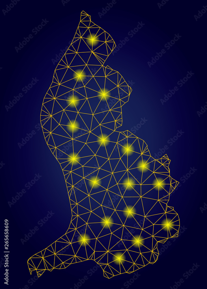 Foto Yellow mesh vector Liechtenstein map with glare effect on a dark blue gradiented background
