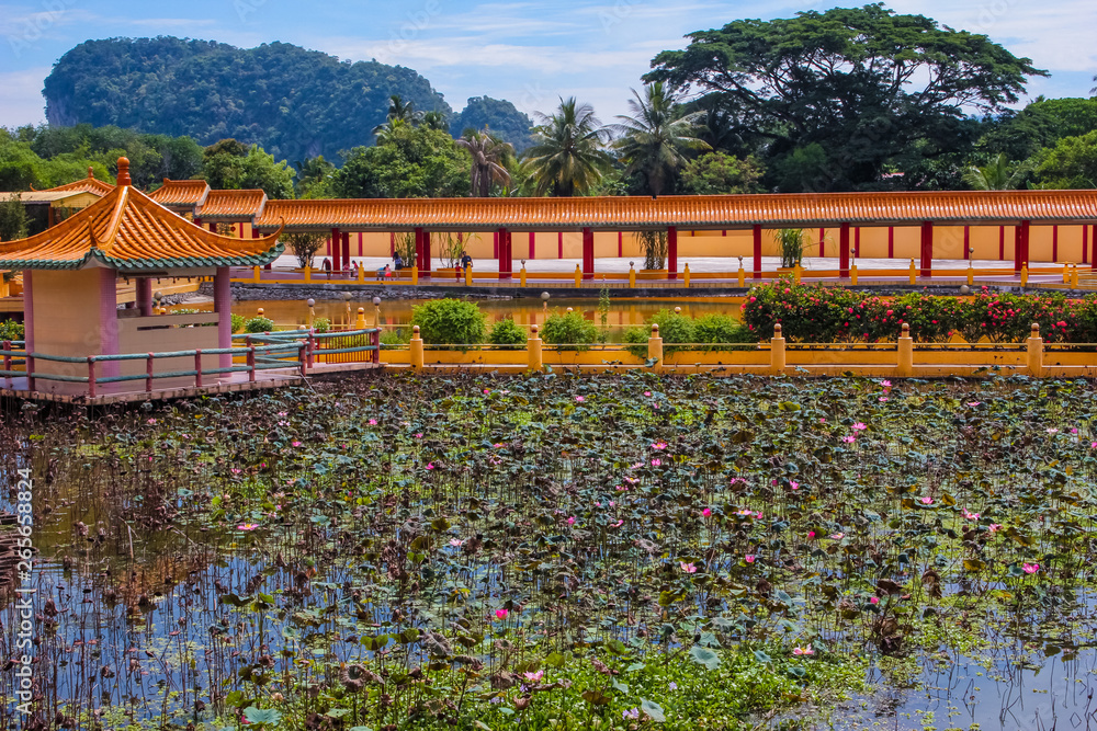 View of a beautiful chinese temple and lotus pond in Seen Hock Yeen Confucius Temple in Chemor, Perak, Malaysia