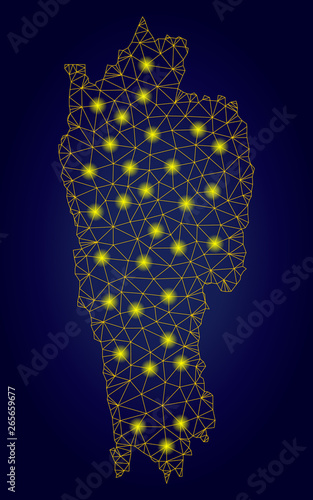 Yellow mesh vector Mizoram State map with glare effect on a dark blue gradiented background. Abstract lines, light spots and small circles form Mizoram State map constellation.