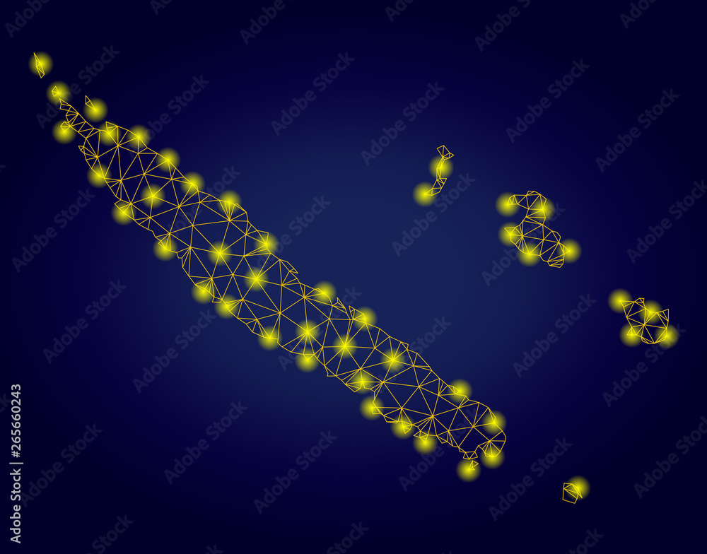 Yellow mesh vector New Caledonia Islands map with glare effect on a dark blue gradiented background. Abstract lines, light spots and spheric points form New Caledonia Islands map constellation.