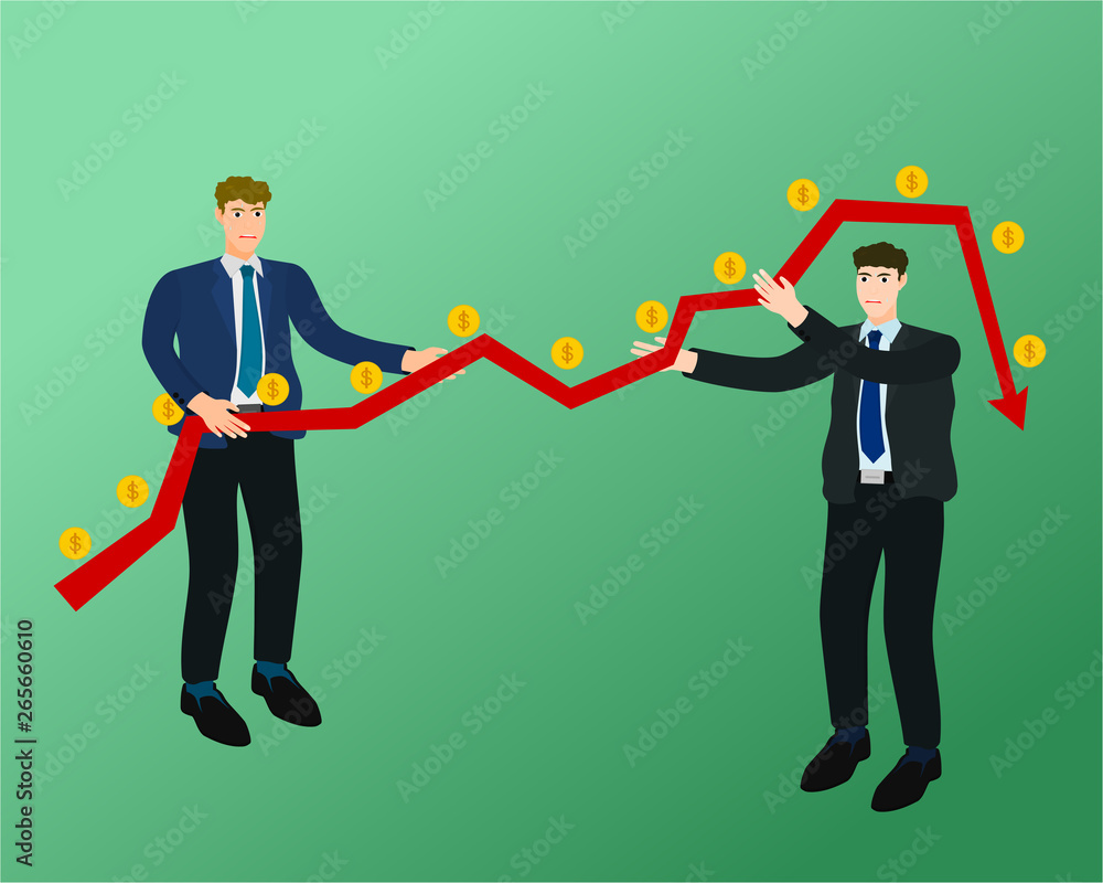 Two businessman management low profit money graph , fail concept Two businessman management low profit money graph , fail concept