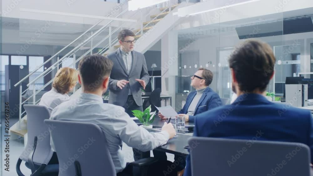 In the Corporate Office Meeting Room: Chief Technology Analyst Talks to a Board of Directors and Executives about the Need for the Company to Create Modern Vision and Competitive Market Strategy In the Corporate Office Meeting Room: Chief Technology Analyst Talks to a Board of Directors and Executives about the Need for the Company to Create Modern Vision and Competitive Market Strategy