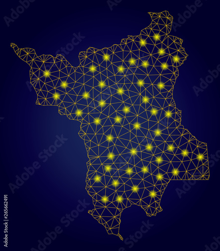 Fototapeta Naklejka Na Ścianę i Meble -  Yellow mesh vector Roraima State map with glitter effect on a dark blue gradiented background. Abstract lines, light spots and dots form Roraima State map constellation.