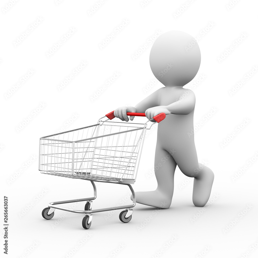 3d man with shopping cart trolley 3d man with shopping cart trolley