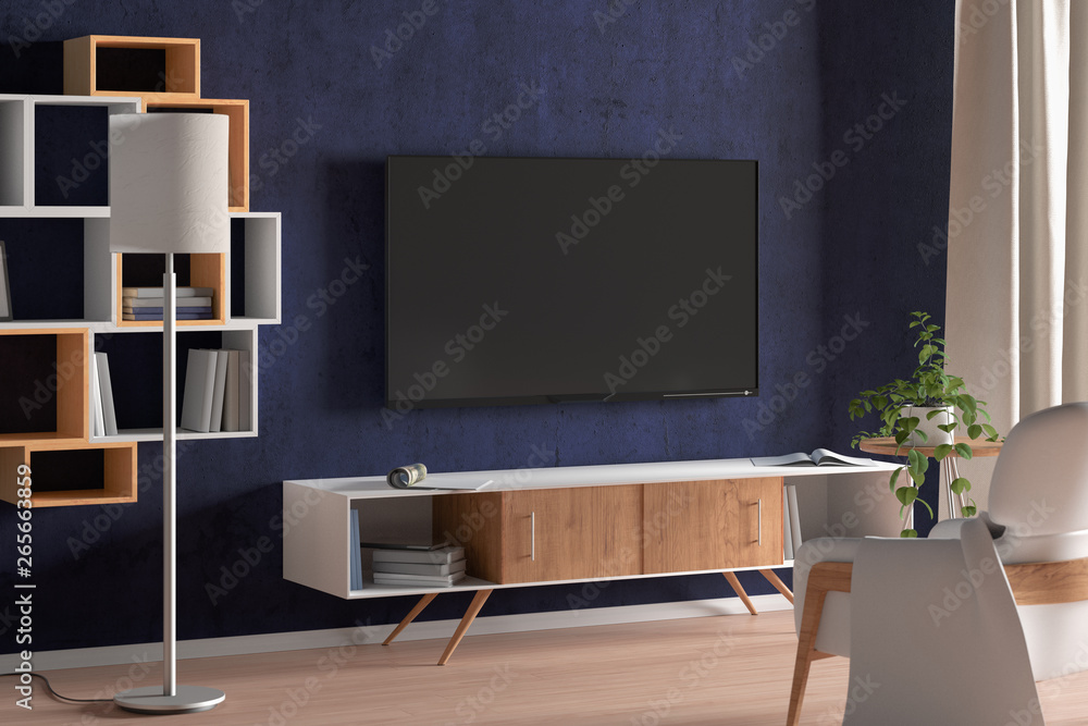 TV screen on the blue wall in modern living room TV screen on the blue wall in modern living room