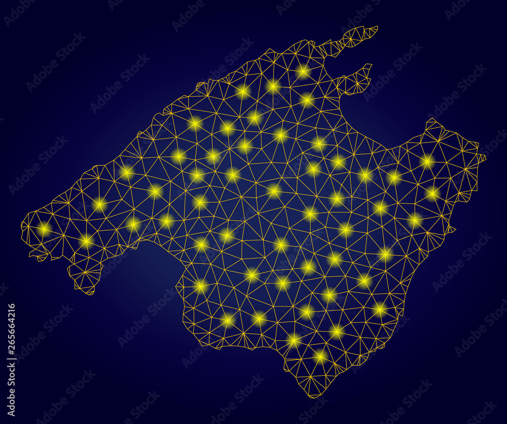Yellow mesh vector Spain Mallorca Island map with glare effect on a dark blue gradiented background. Abstract lines, light spots and spheric points form Spain Mallorca Island map constellation.