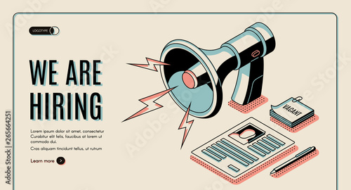 Hiring agency, job vacancies search online service isometric vector web banner, landing page template with job applicant, vacancy candidate resume or dossier page, loudspeaker line art illustration