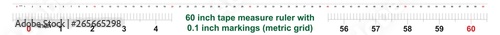 60 inch tape measure ruler with 0.1 inch markings. Metric grid.