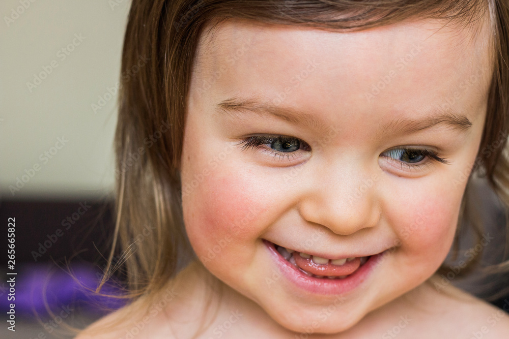 Beautiful Baby Toddler Girl Smiles Closeup Home Portrait Beautiful Baby Toddler Girl Smiles Closeup Home Portrait