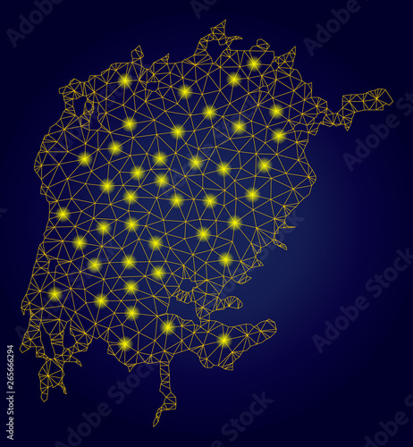 Yellow mesh vector Victoria Lake map with glow effect on a dark blue gradiented background. Abstract lines, light spots and circle dots form Victoria Lake map constellation.