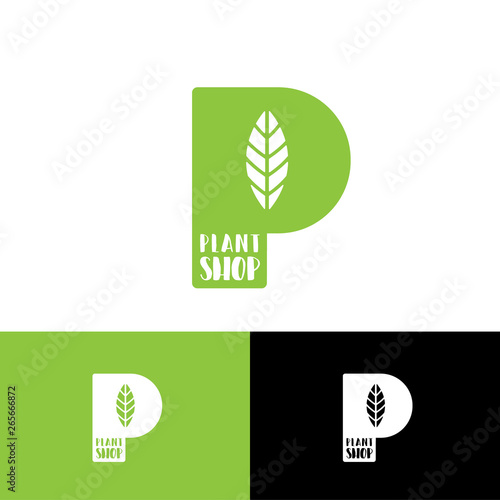 P monogram with leaf logo. Green P letter. Emblem for garden and plants shop. 