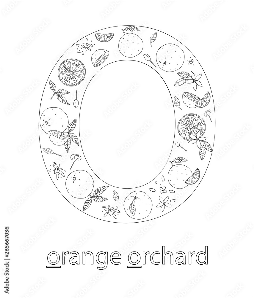 Black and white alphabet letter O. Phonics flashcard. Cute letter O for ...